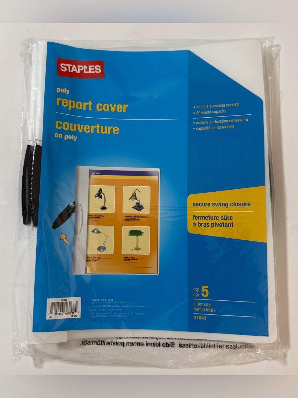 STAPLES Poly Report Cover, 5 Count, 21643 - Clear/White